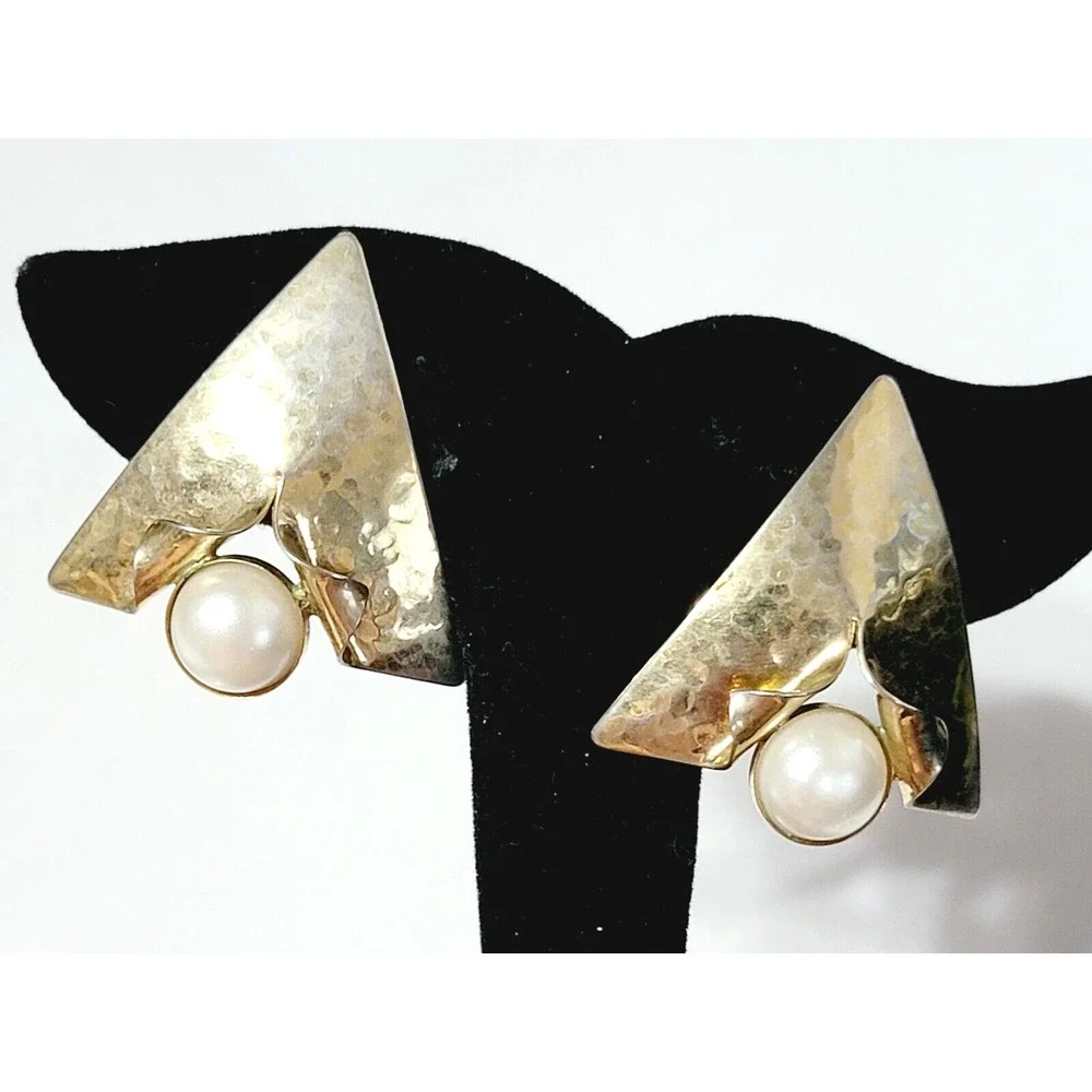 Vintage Large Pierced‎ Earrings, Geometric Gold-tone Faux Pearl Statement wp-8